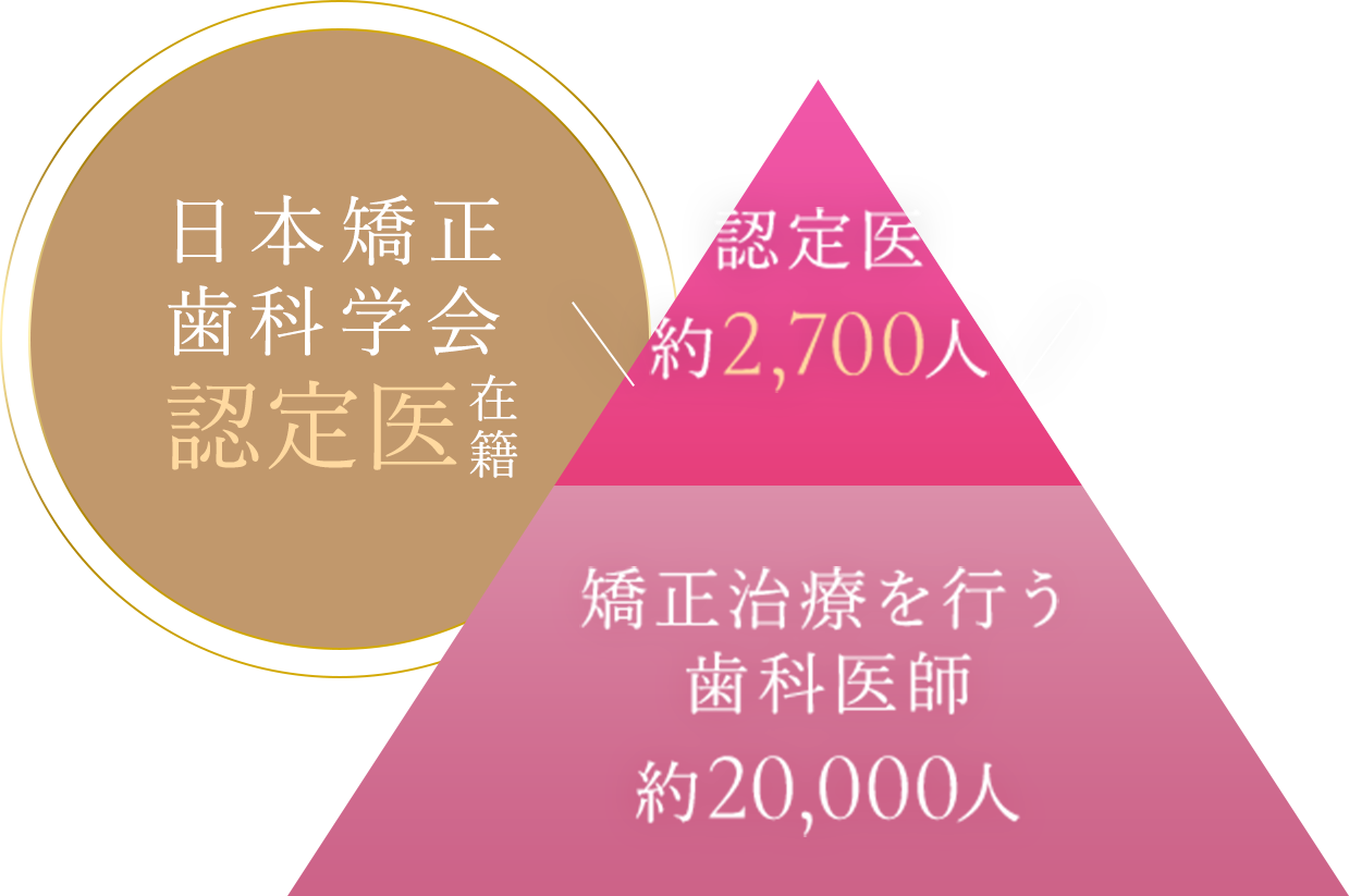 日本矯正 歯科学会 認定医 在籍 認定医 約2,700人 矯正治療を行う 歯科医師 約20,000人
